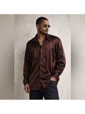 Pronti Collection Brown Satin Burnout Paisley Button Up Shirt Men’s 3XL Y2K
